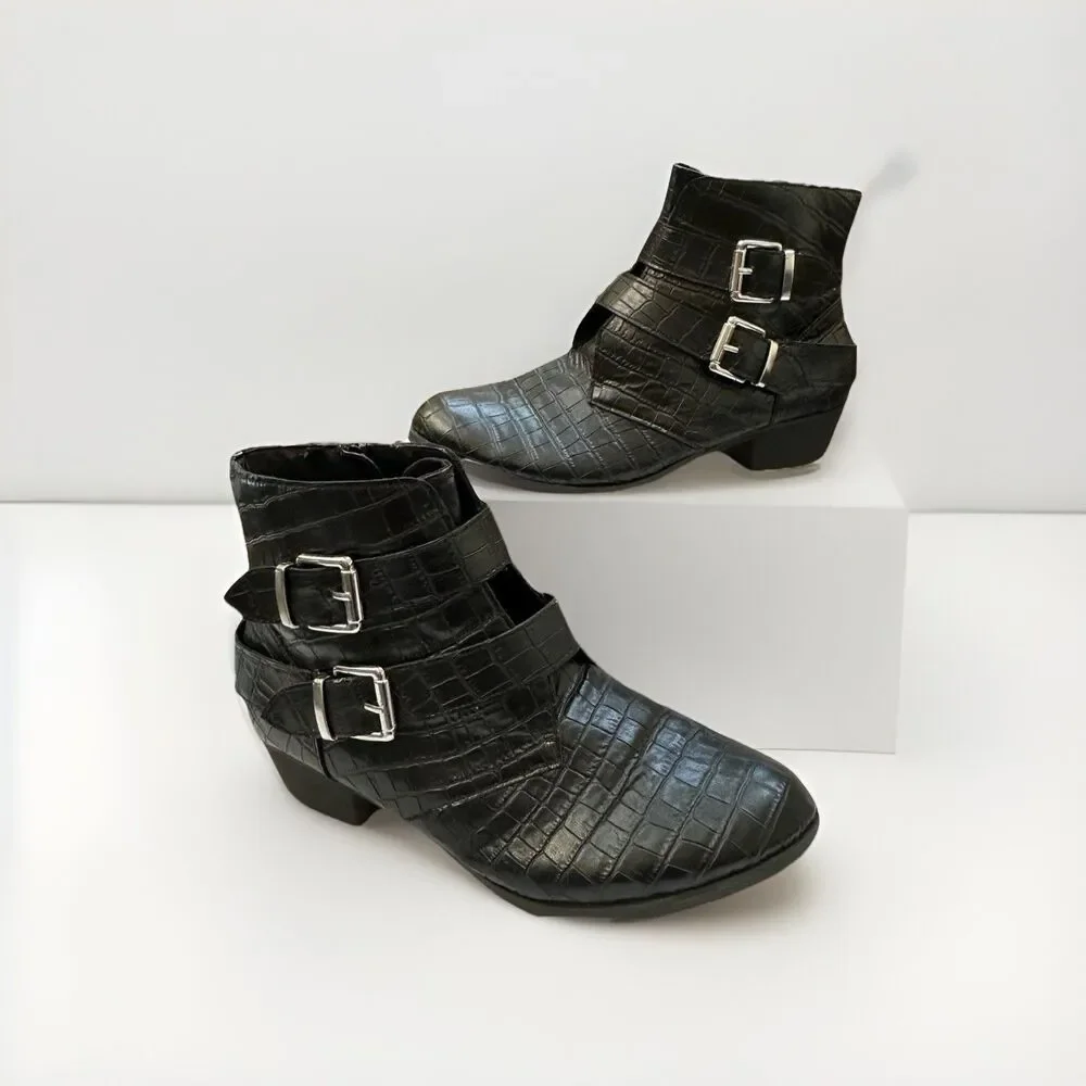 Ana Afra Black Croc Embossed Buckle Ankle Boots Size 8.5M Zip Faux Leather